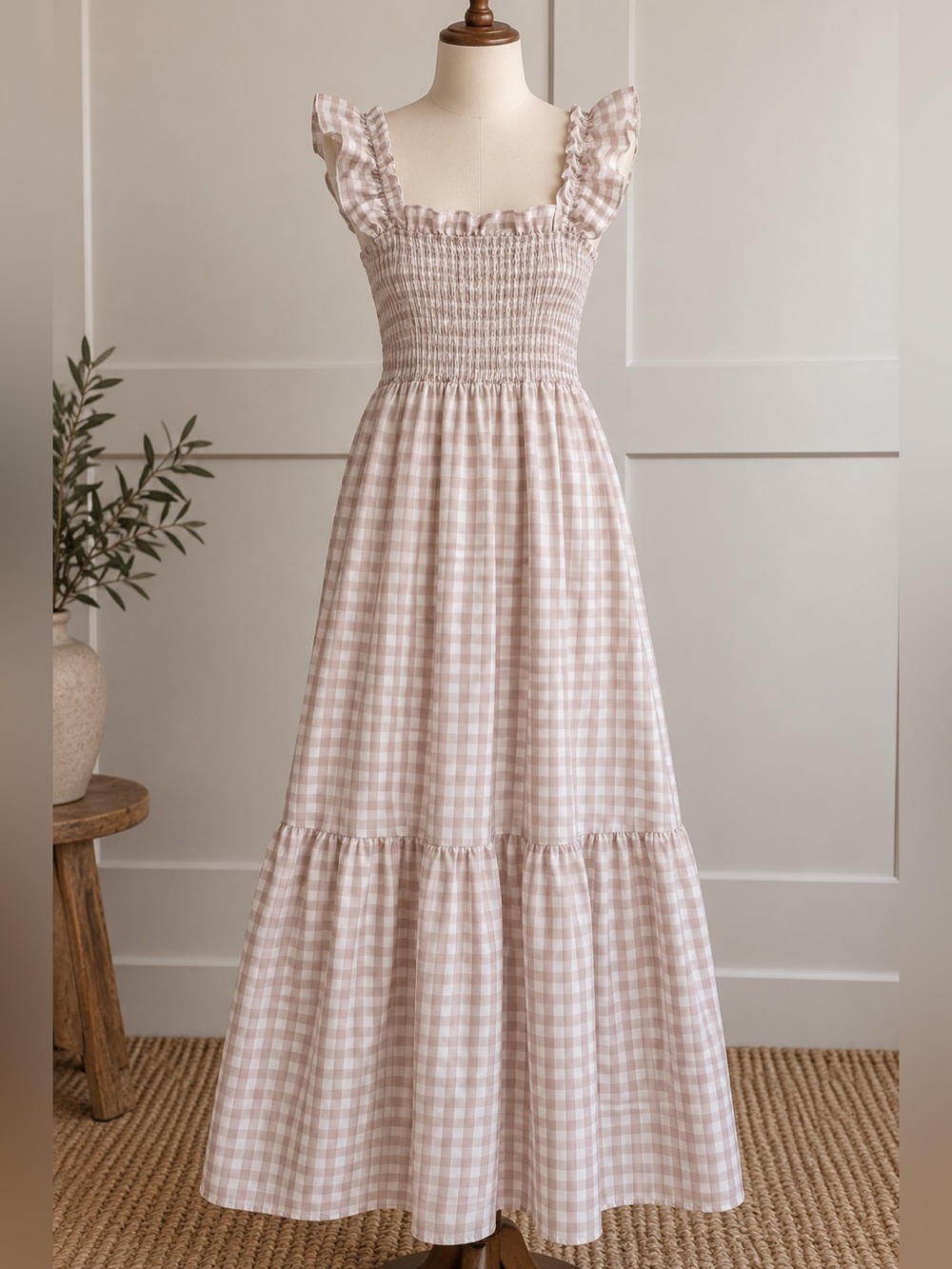 Beige & White Gingham Smocked Maxi Dress Ruffle Strap Cottagecore Prairie Dress